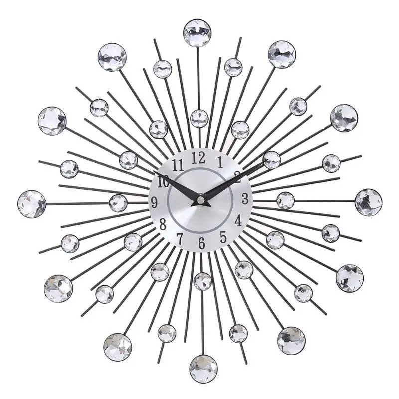 Silver Metal Wall Clock Living Room Bedroom Diamond Jeweled Art Decor Wall Clock